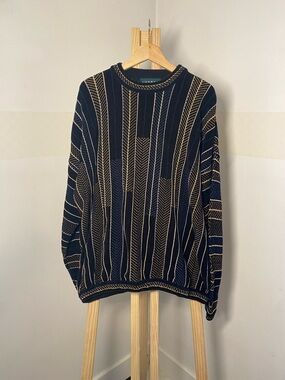 Tundra Navy and Tan Striped Textured Crewneck Sweater